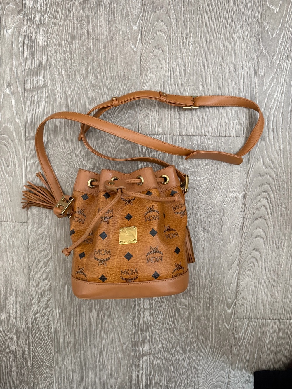 MCM Cognac Visetos Drawstring Bucket Crossbody